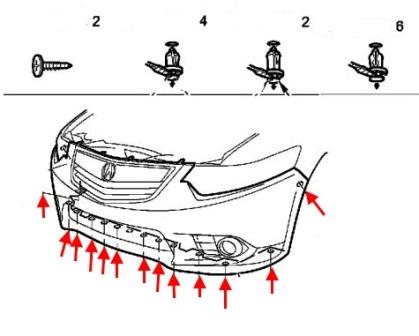 Schéma de montage du pare-chocs avant Acura TSX (2008-2014)