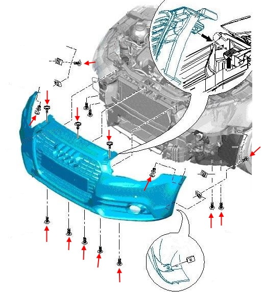 Schéma fixation pare-chocs avant Audi A1 I (8X) (2010-2018)