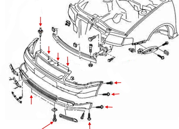 Schéma de montage du pare-chocs avant Audi A3 I 8L (1996-2003)