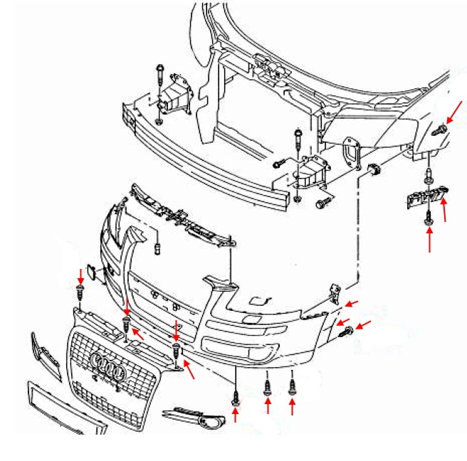 Schéma de montage du pare-chocs avant Audi A3 II 8P (2003-2013)