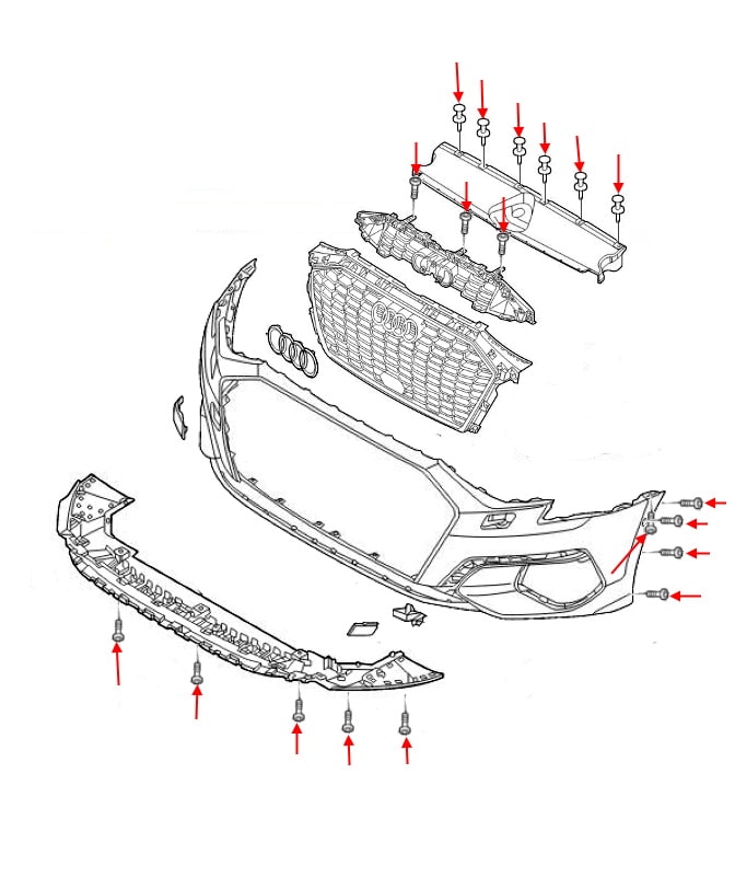 Schema di fissaggio del paraurti anteriore Audi A3 IV 8Y (2020+)