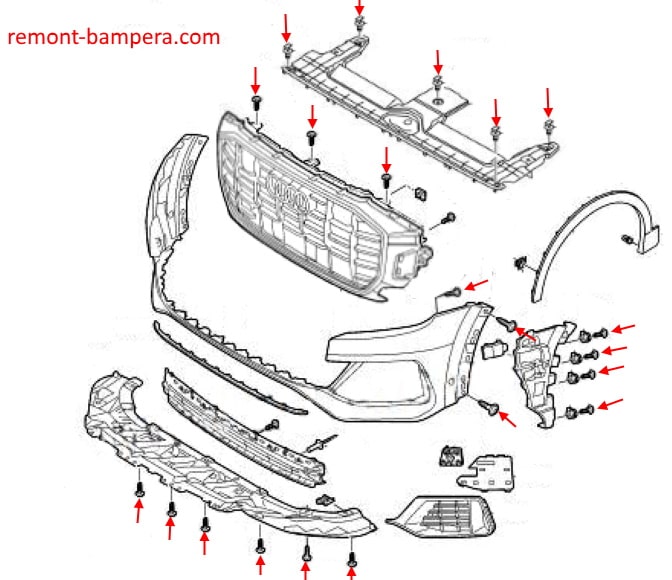 Schema di montaggio del paraurti anteriore Audi Q8 I (2018+)