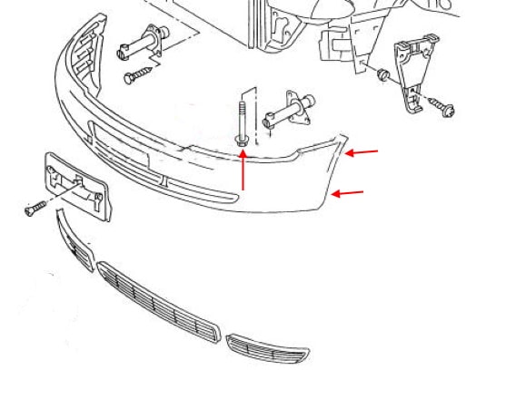 Schéma de montage du pare-chocs avant Audi A4 B5 (1994-2001)