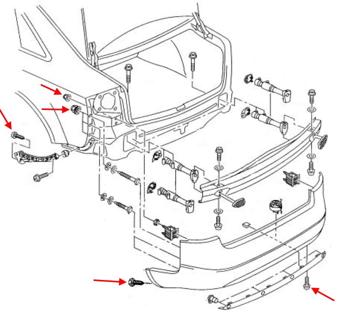 Esquema de montaje del parachoques trasero Audi A6 II C5 (1997-2004)