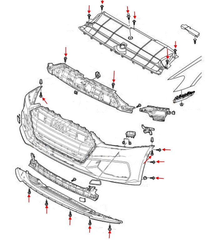 Schéma fixation pare-chocs avant Audi A7 II 4K (2019+)