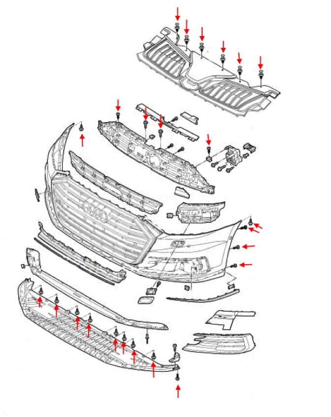 Esquema de montaje del parachoques delantero Audi A8 IV D5 (2017+)