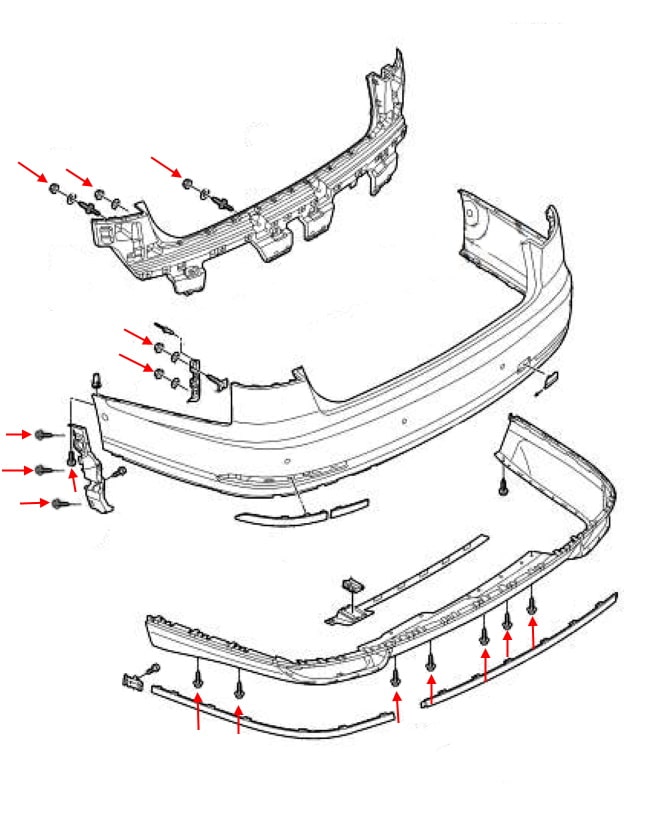 Esquema de montaje del parachoques trasero Audi A8 IV D5 (2017+)