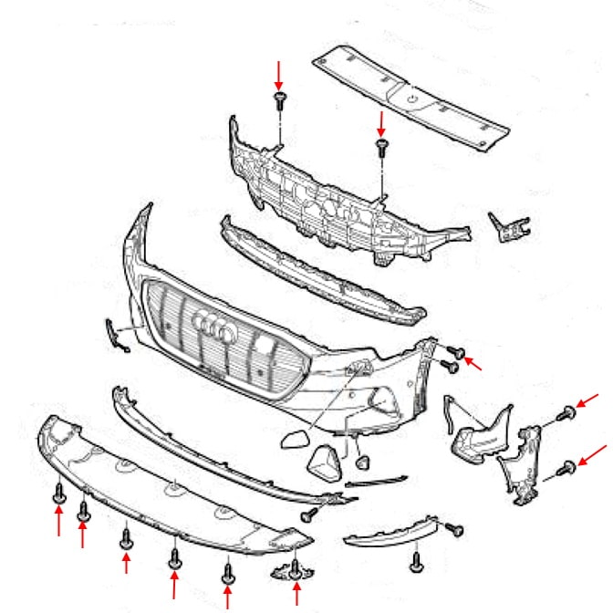 Diagrama de fijación del parachoques delantero Audi e-tron I (2018+)