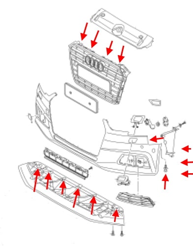 Esquema de fijación del parachoques delantero Audi A4 V B8 (2016+)