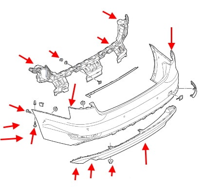 Esquema de montaje del parachoques trasero Audi A4 V B8 (2016+)