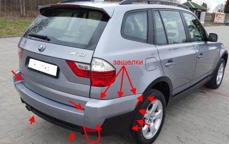 места крепления переднего бампера BMW X3 (E83)