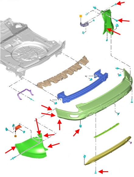 Montageschema der hinteren Stoßstange Ford Escape (2012-2019)