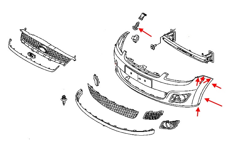 Montageschema der vorderen Stoßstange Ford Fiesta (2002-2008)