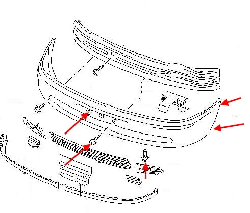 Montageschema der vorderen Stoßstange Ford Galaxy (1995-2000)