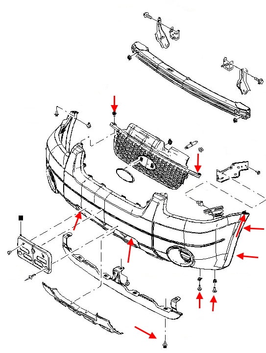 Montageschema der vorderen Stoßstange Ford Maverick (2000-2007)