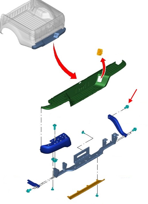 Montageschema der hinteren Stoßstange Ford Ranger (2011-2015)