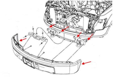 Befestigungsschema der vorderen Stoßstange Ford F-150 (2009-2014)