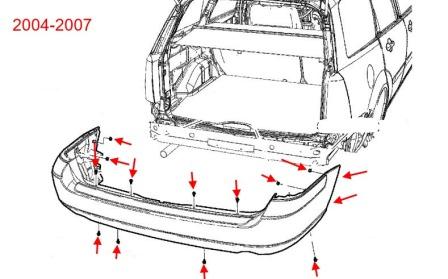 Schéma de montage du pare-chocs arrière Ford Focus 2 (2004-2007)