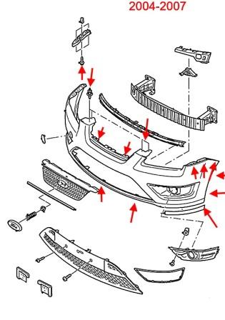 Schéma de montage du pare-chocs avant Ford Focus 2 (2004-2007)