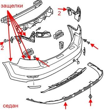 Montageschema der hinteren Stoßstange des Ford Mondeo Mk4 (2007-2013)