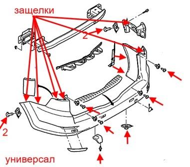 Montageschema der hinteren Stoßstange des Ford Mondeo Mk4 (2007-2013)