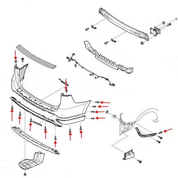 Esquema de montaje del parachoques trasero KIA Carnival (Sedona) III YP (2014-2021)