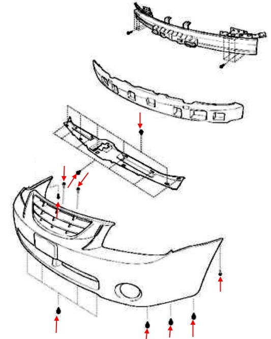Схема крепления переднего бампера KIA Cerato (Spectra, Sephia) I LD (2003-2008)