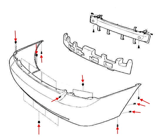 Схема крепления заднего бампера KIA Cerato (Spectra, Sephia) I LD (2003-2008)