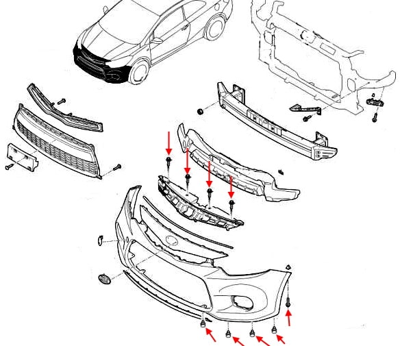 Front bumper mounting scheme KIA Cerato III / Forte II YD (2013-2018)