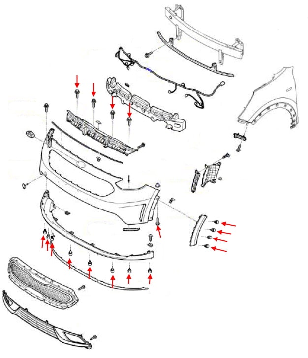 Esquema de montaje del parachoques delantero Kia Niro I (DE) (2017-2022)