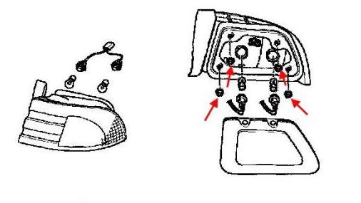 KIA Optima / Magentis (2000-2005) rear light mounting scheme