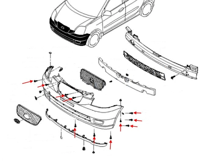 Esquema de montaje del parachoques delantero Kia Picanto / Morning I (SA) (2004-2010)