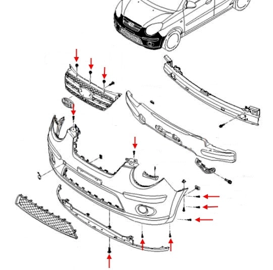 Esquema de montaje del parachoques delantero Kia Picanto / Morning I (SA) (2004-2010)