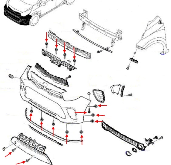 Схема крепления переднего бампера Kia Picanto / Morning III (JA) (2017+)