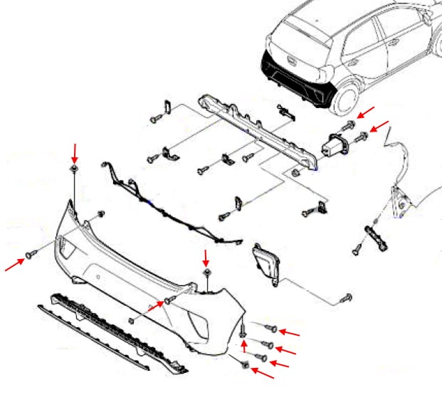 Схема крепления заднего бампера Kia Picanto / Morning III (JA) (2017+)