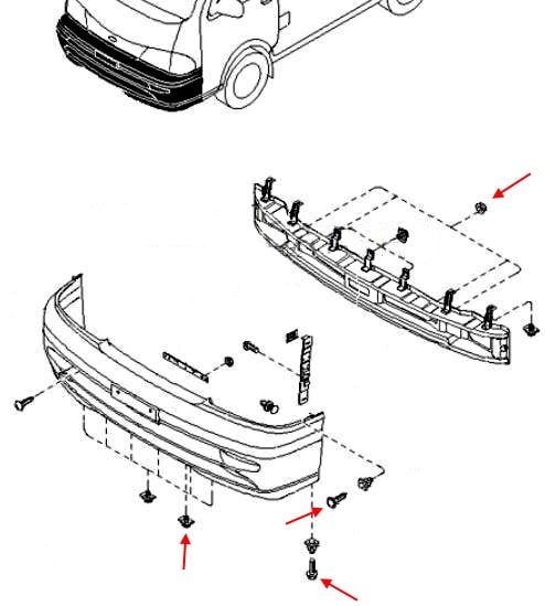 Схема крепления переднего бампера Kia Pregio (1996-2005)