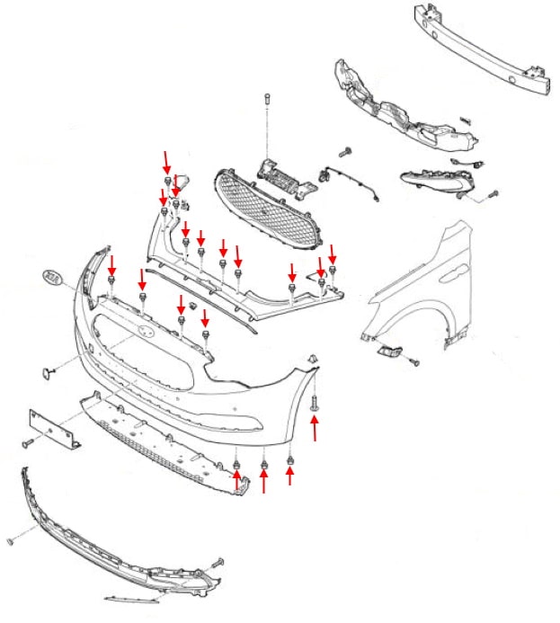 Схема крепления переднего бампера Kia K900 / Quoris I (KH) (2012-2018)