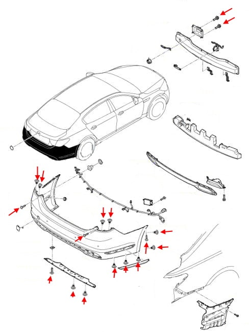 Схема крепления заднего бампера Kia K900 / Quoris I (KH) (2012-2018)