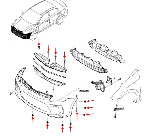 Esquema de montaje del parachoques delantero KIA Rio (Rio X-Line) IV YB / SC (2017+)