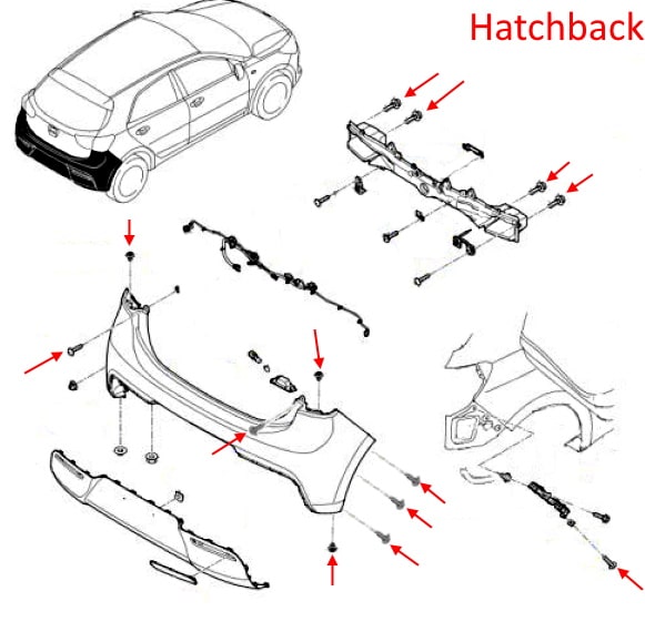 Esquema de montaje del parachoques trasero KIA Rio (Rio X-Line) IV YB / SC (2017+)