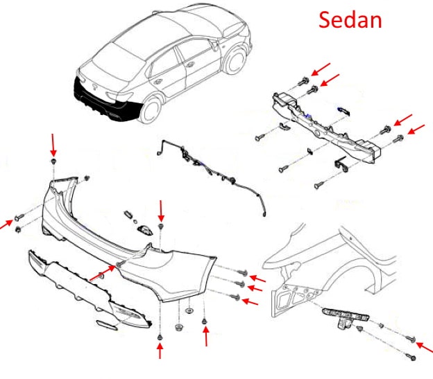 Esquema de montaje del parachoques trasero KIA Rio (Rio X-Line) IV YB / SC (2017+)