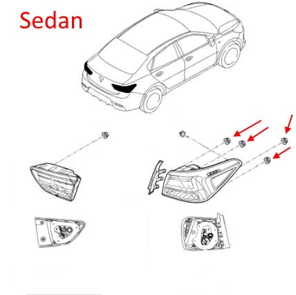 Esquema de fijación de la luz trasera KIA Rio (Rio X-Line) IV YB / SC (2017+)