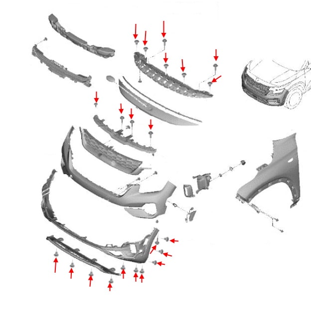 Front bumper mounting scheme Kia Seltos SP2 (2019+)