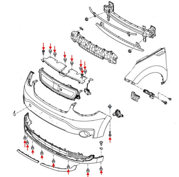 Front bumper mounting scheme Kia Soul II (2014-2019)