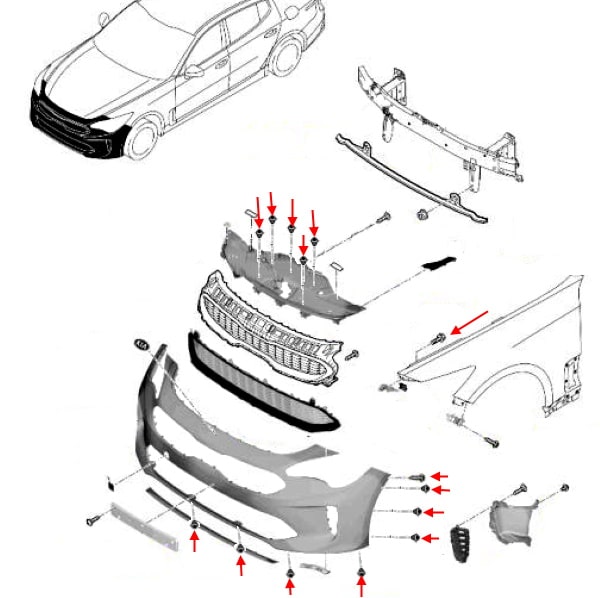 Front bumper mounting scheme Kia Stinger I CK (2017+)