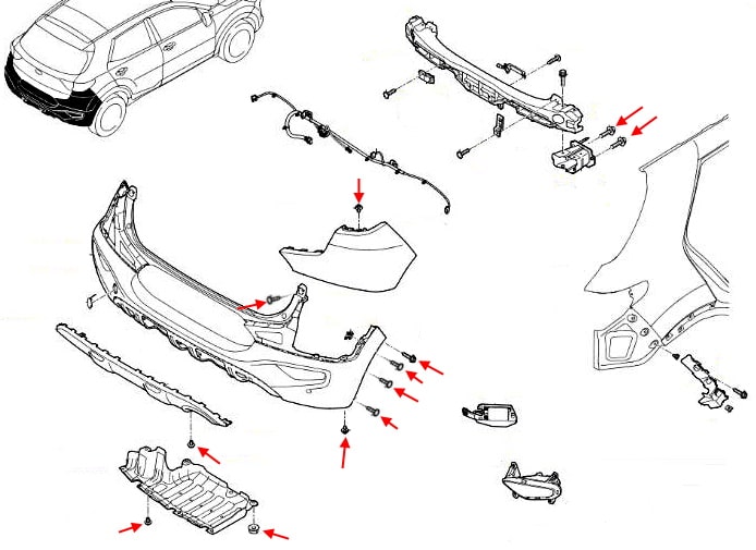 Схема крепления заднего бампера Kia Stonic I (2017+)