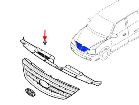 scheme of fastening of the radiator grille KIA Carens II (2002-2006)