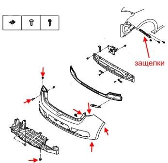 the scheme of fastening of the rear bumper KIA Cee'd II JD (2012-2018)