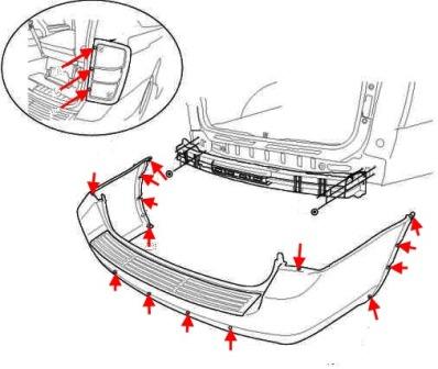 схема крепления заднего бампера KIA Carnival (2006-2014)