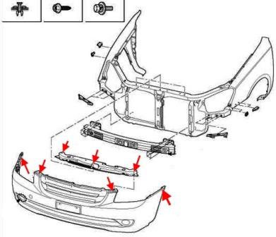 схема крепления переднего бампера KIA Optima II / Magentis II MG (2005-2010)